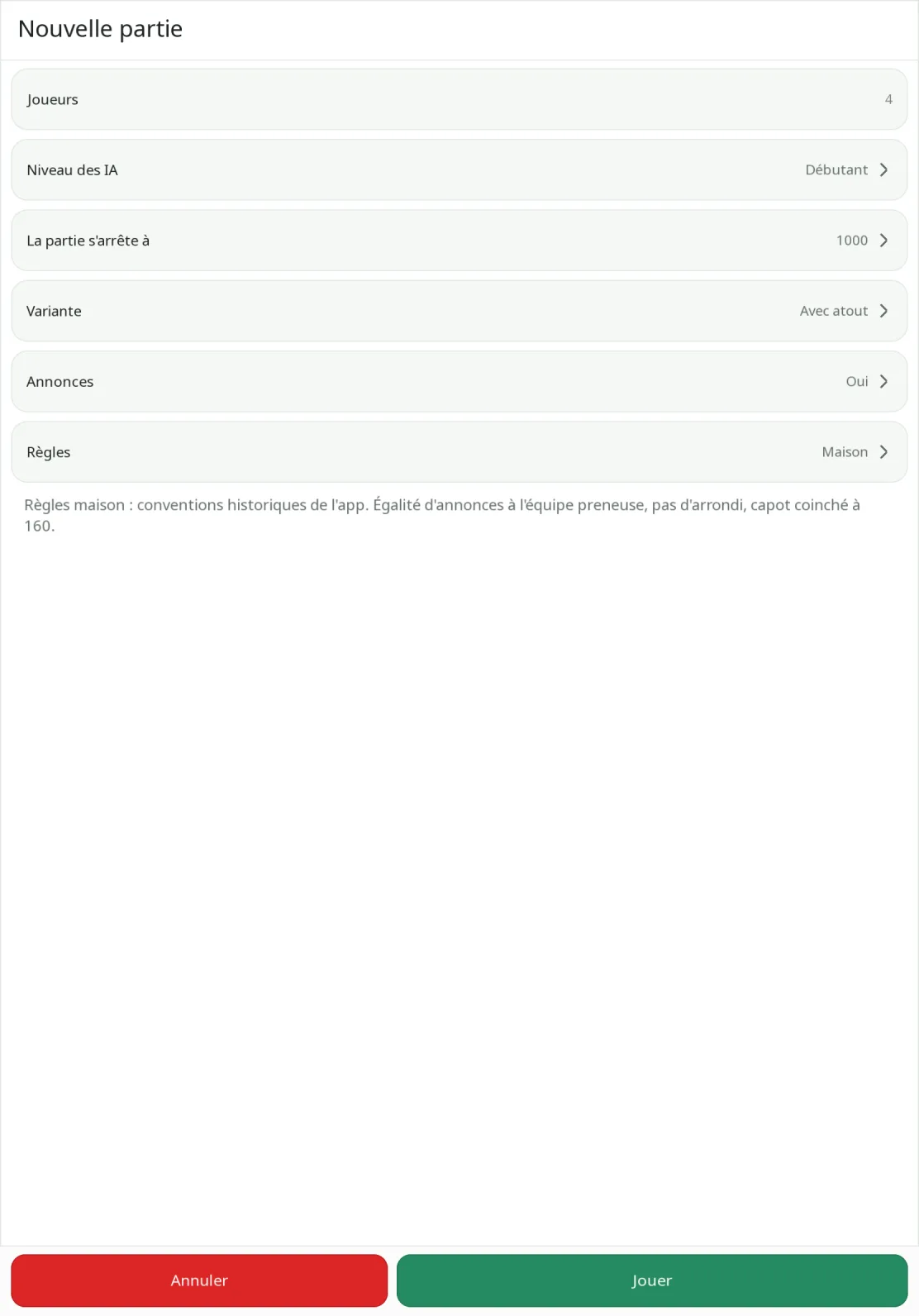 Fenêtre Nouvelle partie sur tablette : les mêmes réglages sur toute la largeur, avec le résumé des règles choisies sous la liste.